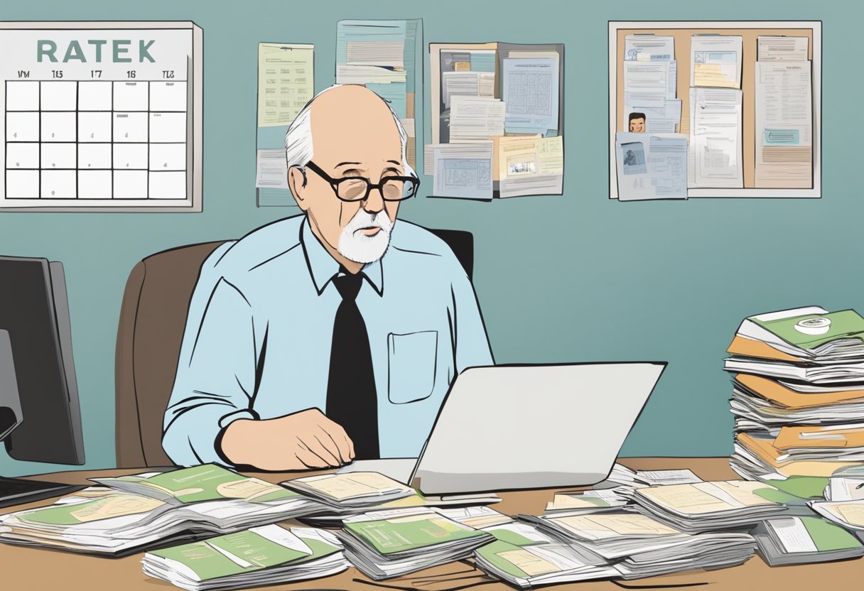 A desk cluttered with retirement brochures, a calendar with dates circled, and a worried expression on a faceless figure's face
