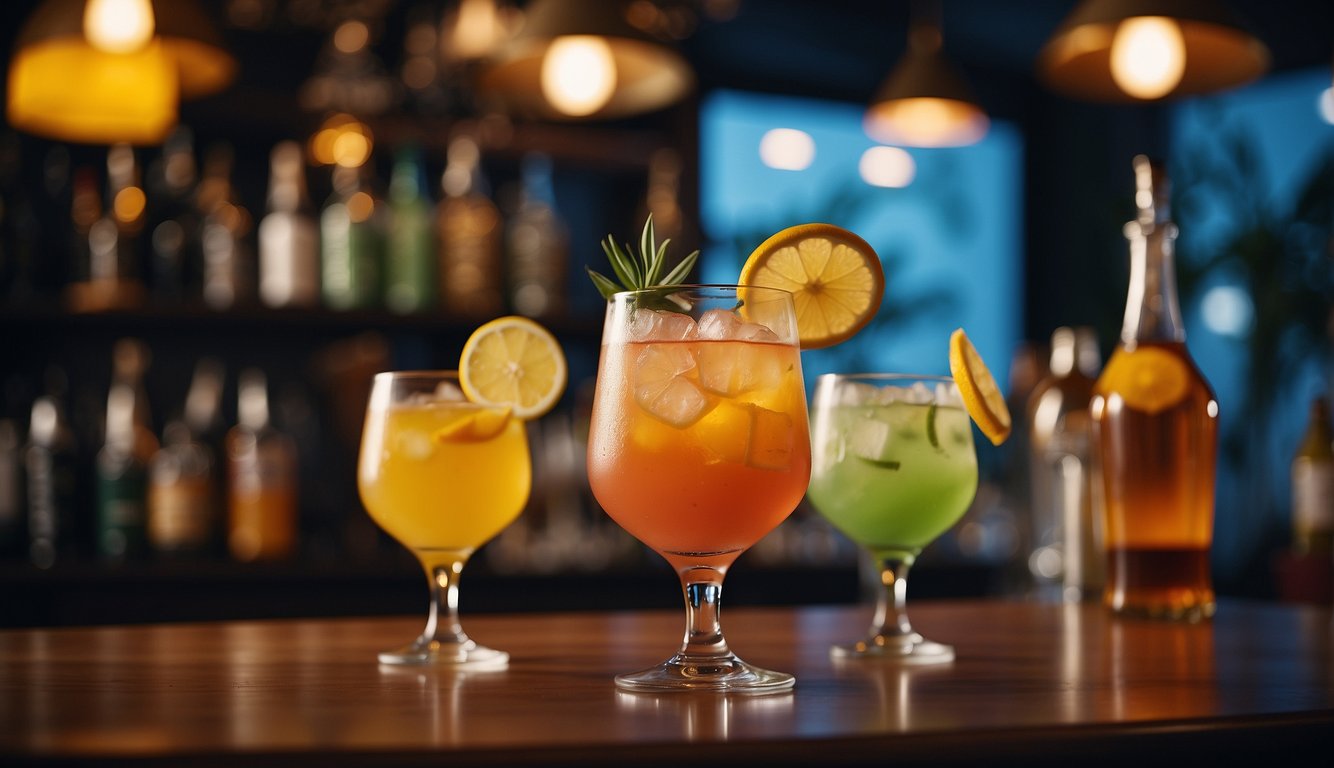 A colorful cocktail bar with a lively atmosphere, filled with clinking glasses and laughter as colleagues mingle and chat