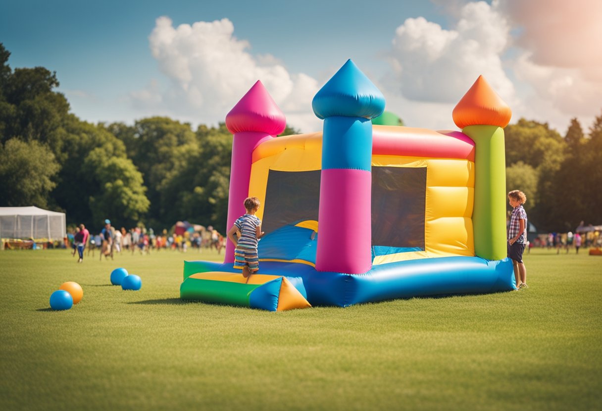 A bounce house sits on a grassy field, anchored by stakes. Its colorful, inflatable walls and roof sway gently in the breeze