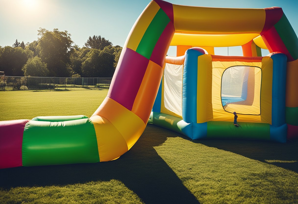 A bounce house sits on a grassy field, anchored by heavy weights at each corner. The sun shines down on the colorful inflatable structure, casting shadows on the ground