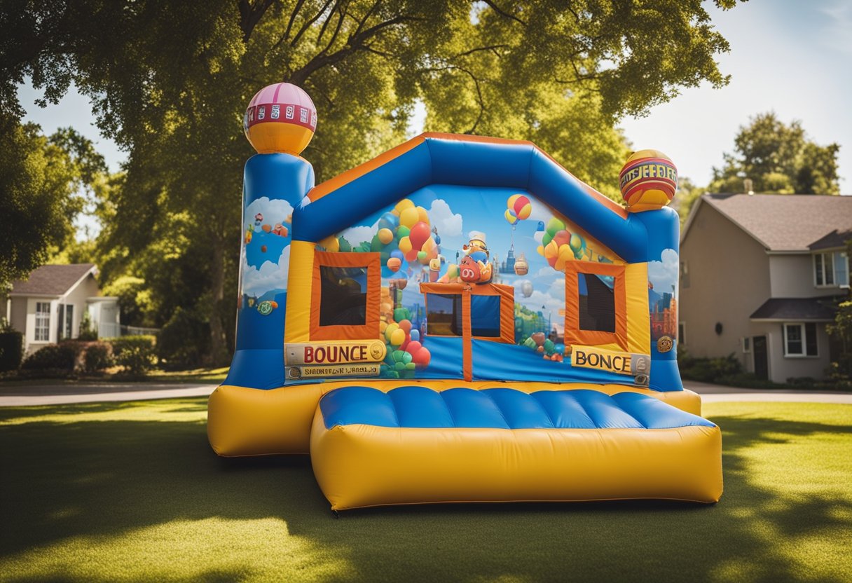 A bounce house sits on a scale, displaying its weight. A regulation sign is posted nearby