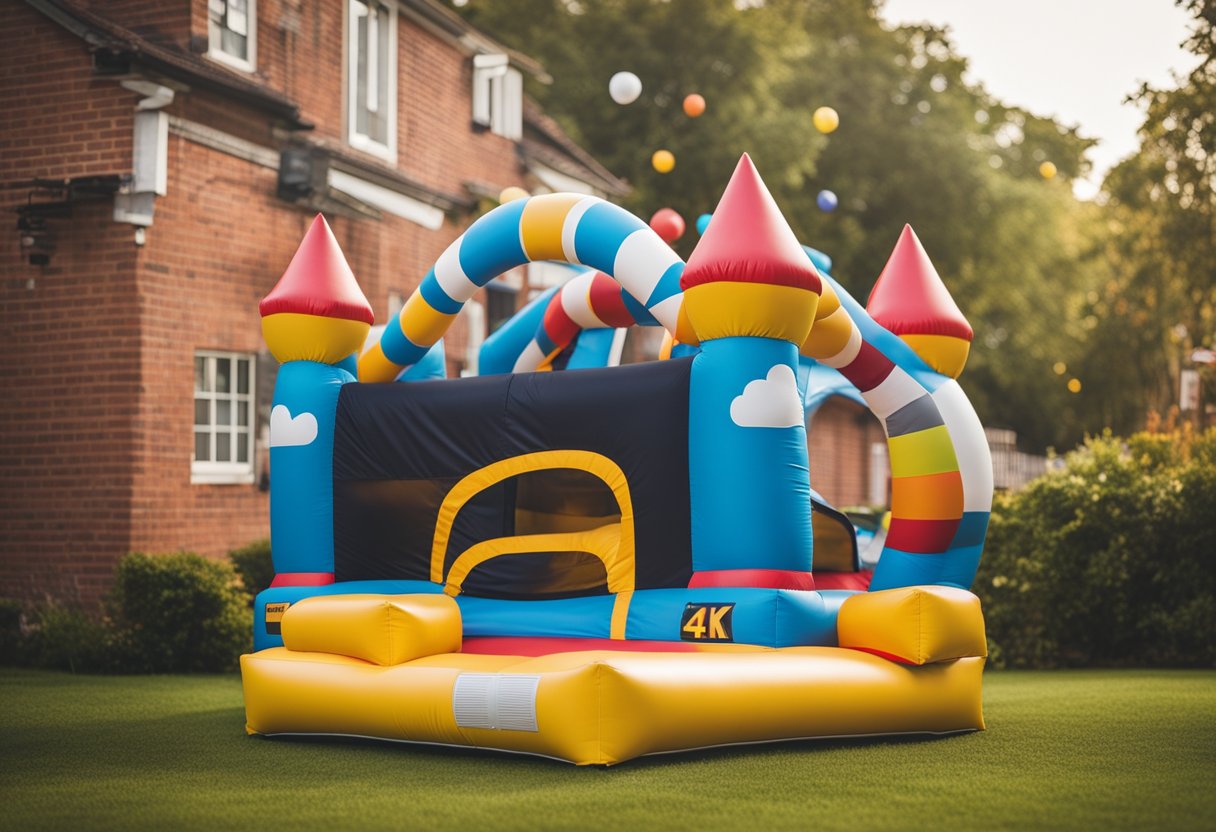 A bounce house sits on a scale, showing its weight