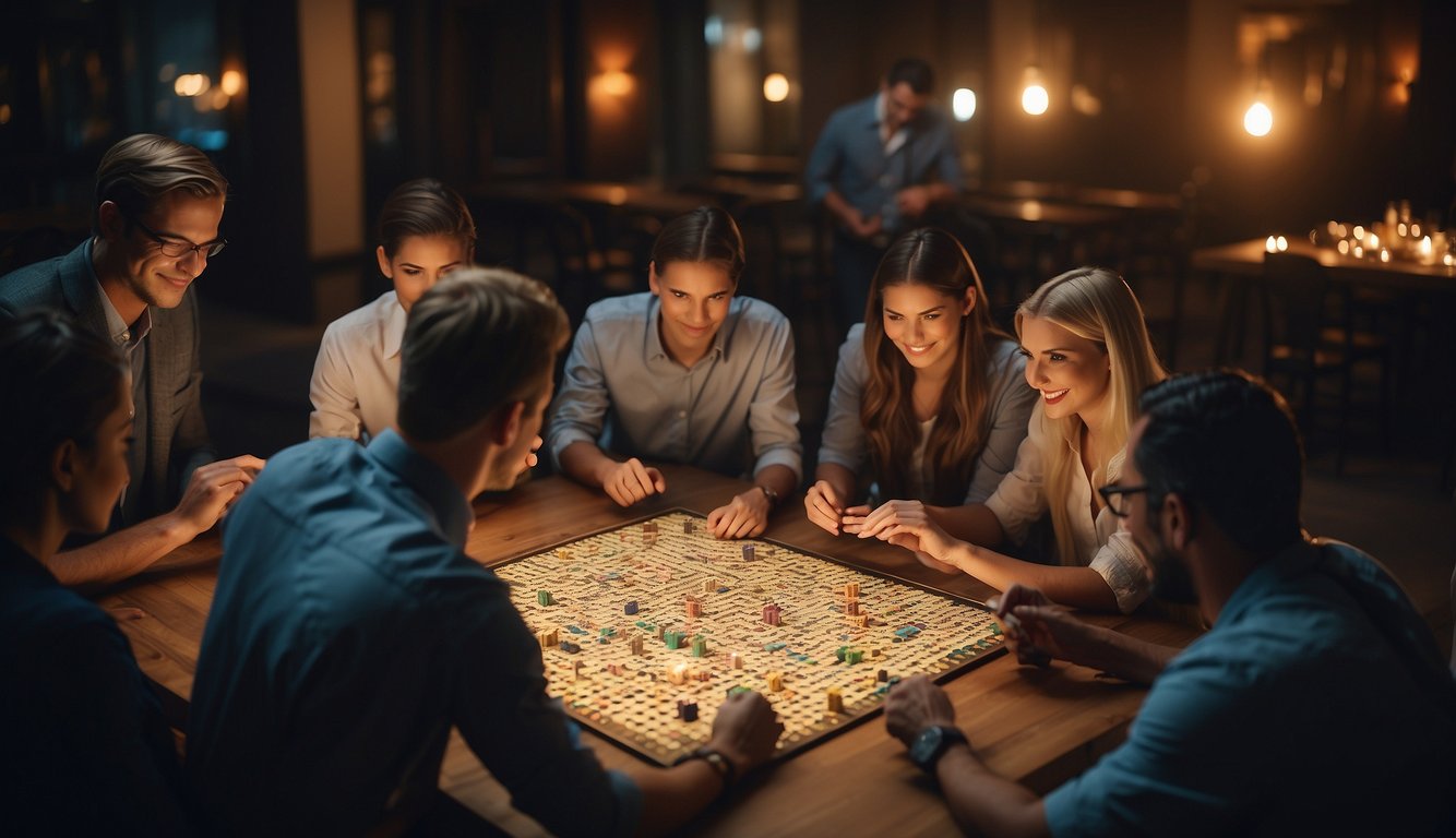 A group of people work together to solve puzzles and clues in a fun and engaging team building mystery game