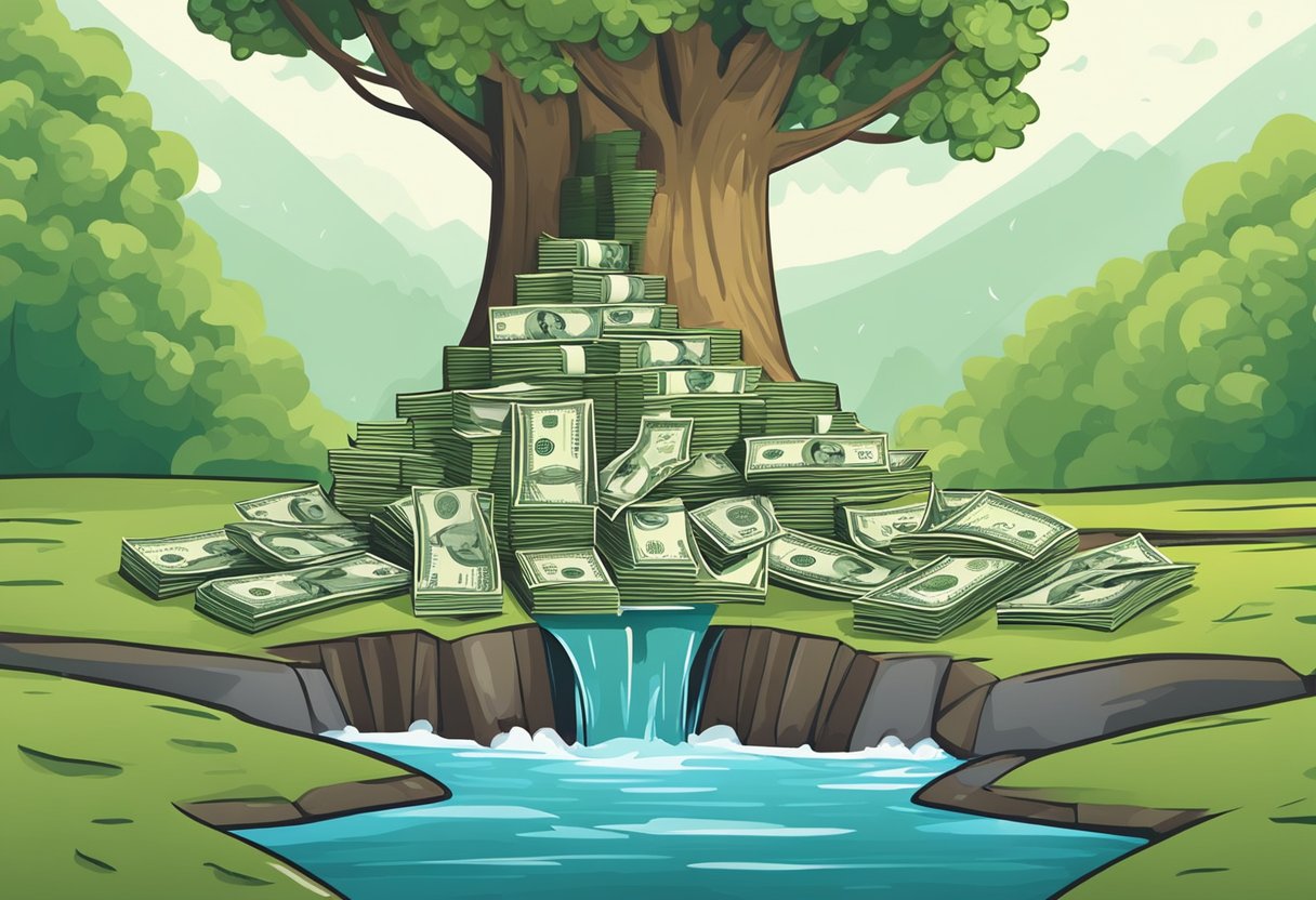 A stack of money grows from a tree, while a stream of income flows from a well, symbolizing passive income strategies for retirement