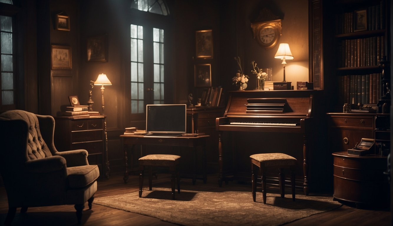 A dimly lit room with vintage furniture, scattered clues, and hidden compartments, creating an atmosphere of suspense and intrigue for a mystery game