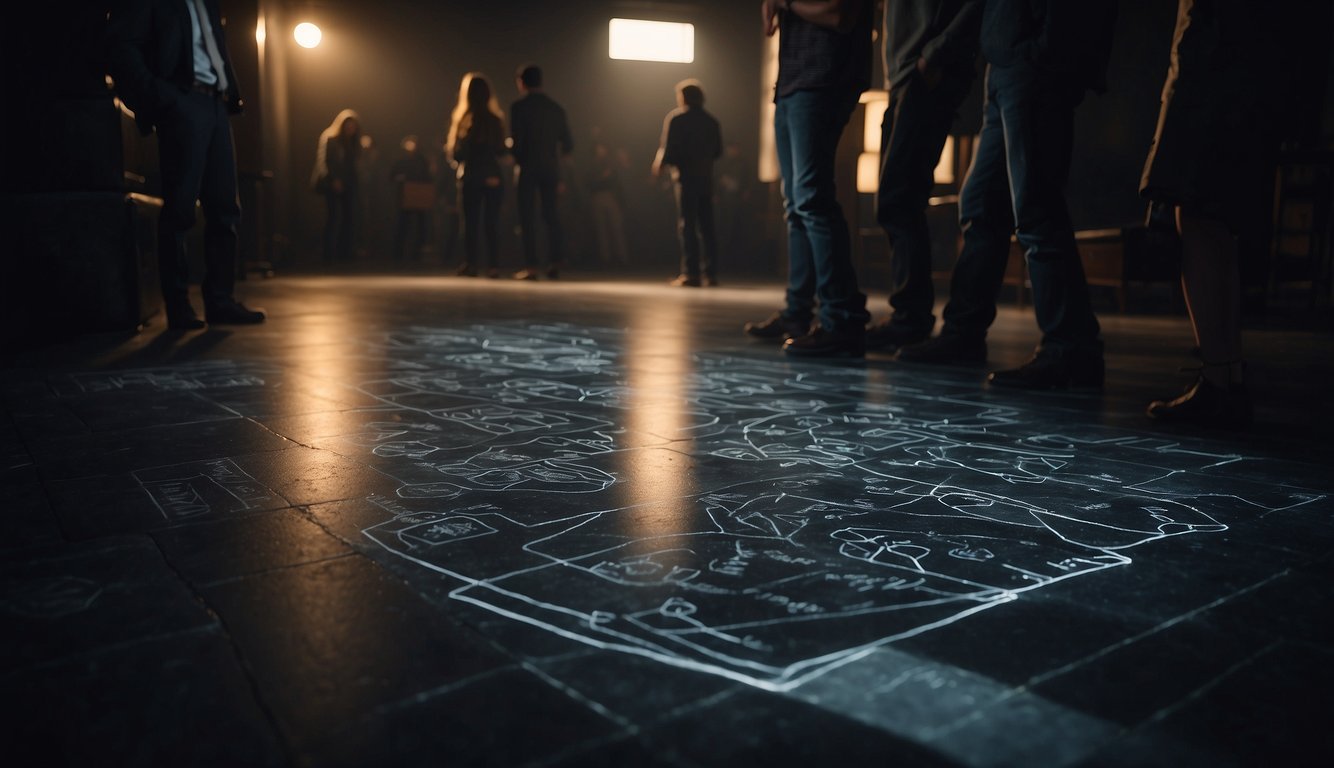 A dimly lit room with scattered clues and mysterious objects, a chalk outline on the floor, and a group of people searching for clues