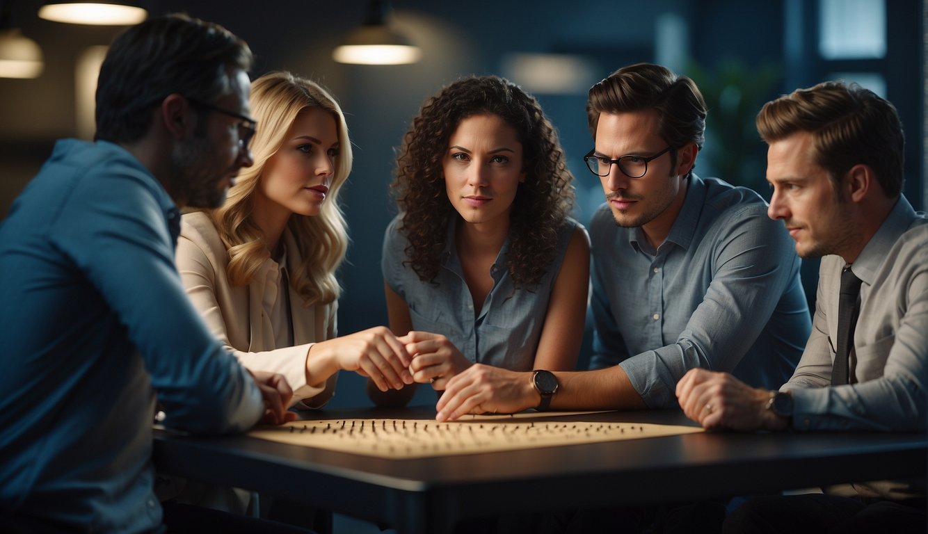 A group of coworkers collaborate to solve clues in a thrilling mystery game, working together to uncover the solution