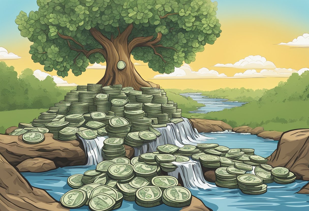 A stack of money grows from a tree while a stream of coins flows into a retirement fund, with a sign reading "Passive Income Strategies" in the background