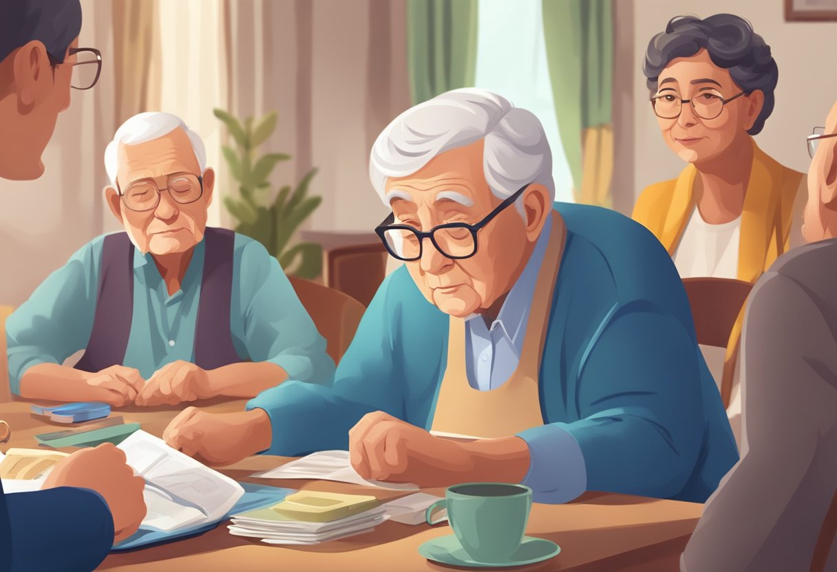 Elderly resident sitting at a table, surrounded by family members. Empty wallet and concerned expressions. Staff nearby offering comfort and support