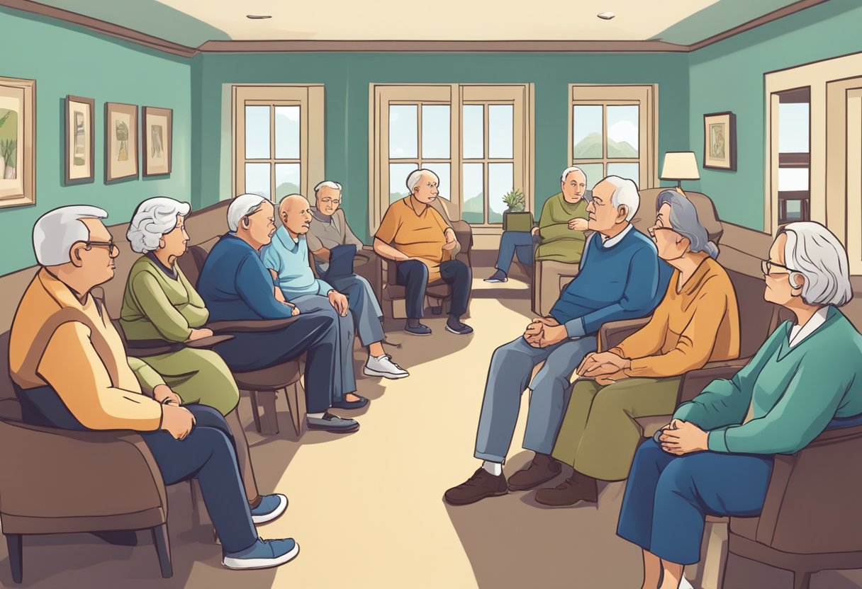 Residents in a retirement home gather in a common area, discussing insurance and private funding options. A worried atmosphere fills the room as they contemplate what happens when they run out of money