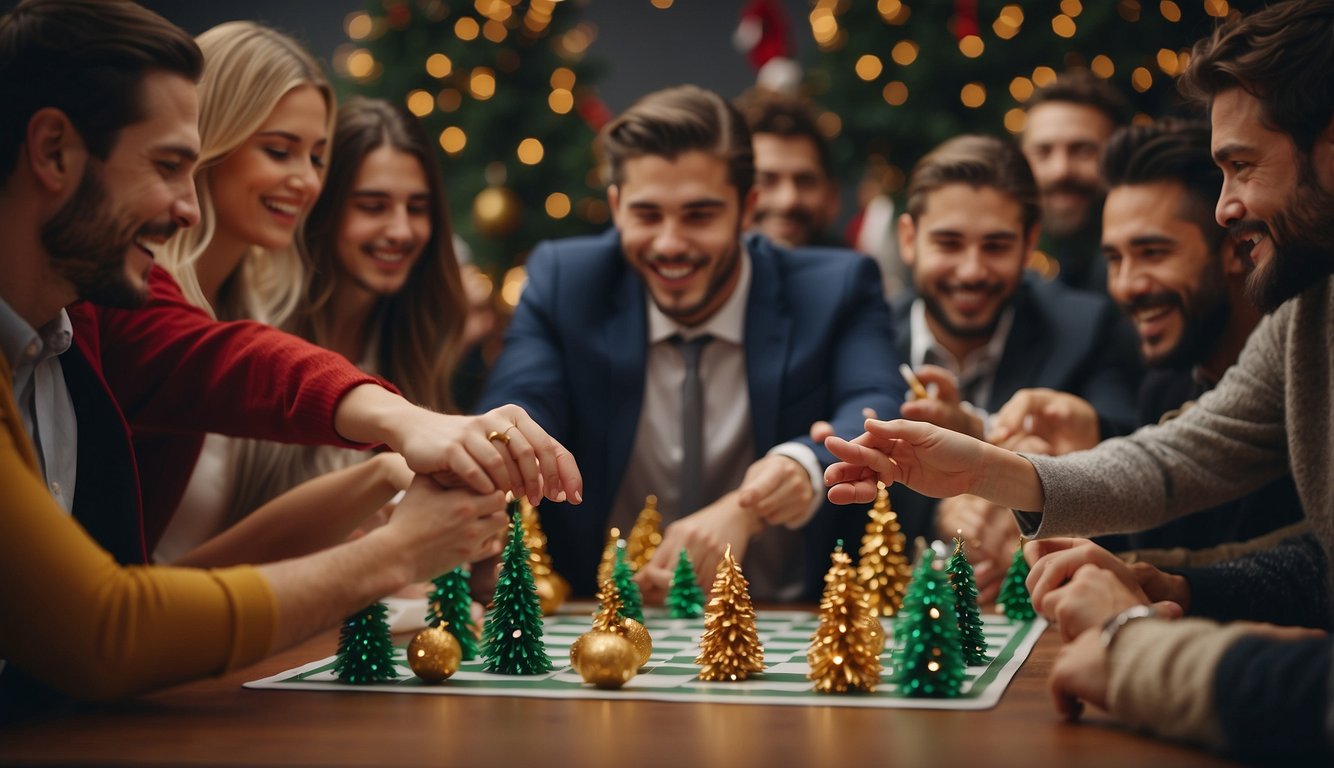A group of people playing festive team building games at a Christmas party