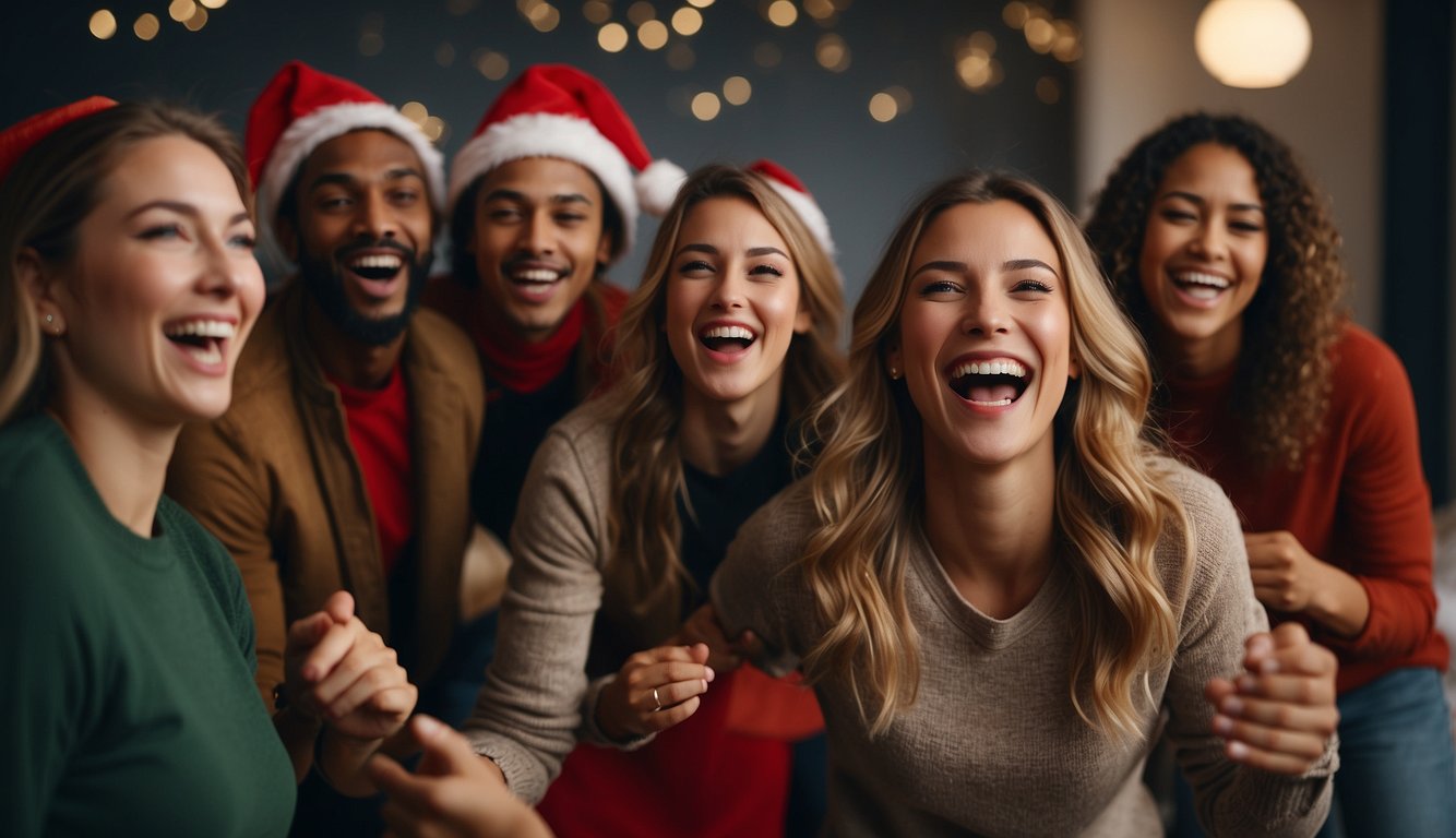 A group of people laughing and playing festive team building Christmas games, creating a strong sense of unity and camaraderie