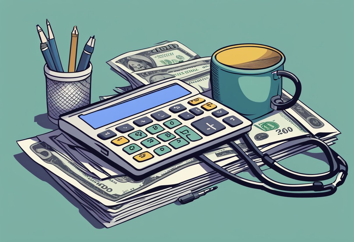 A stack of dollar bills and a retirement calculator on a desk, with a stethoscope draped over it