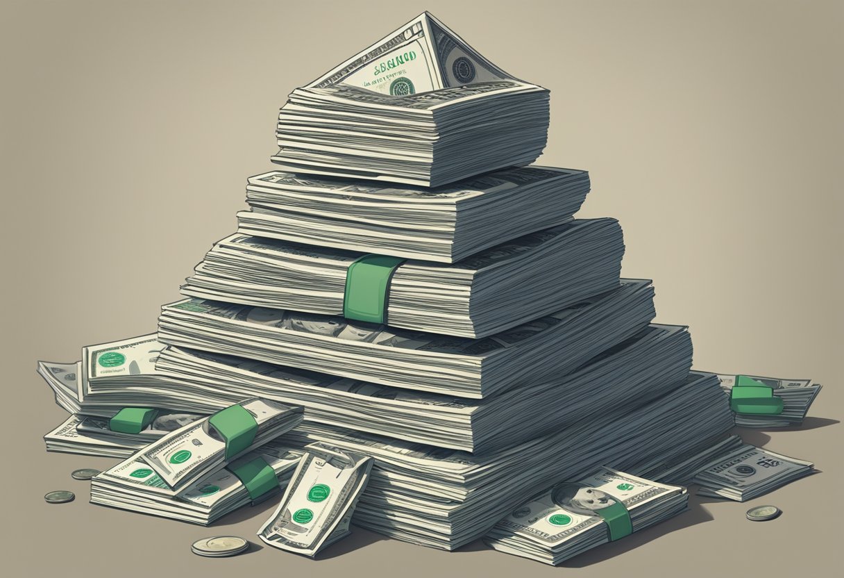 A stack of dollar bills being carefully arranged into a pyramid, with various financial documents and calculators scattered around it