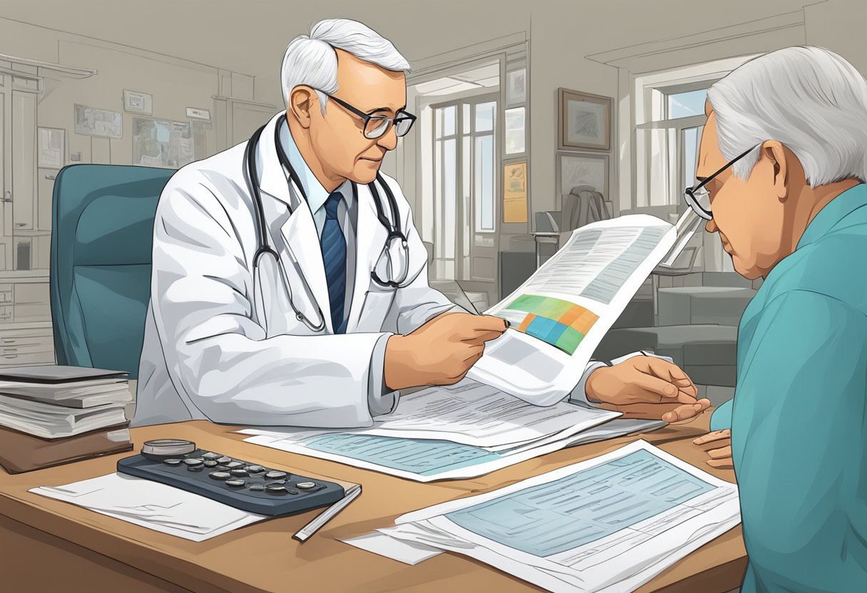 A doctor reviews retirement funds and insurance policies