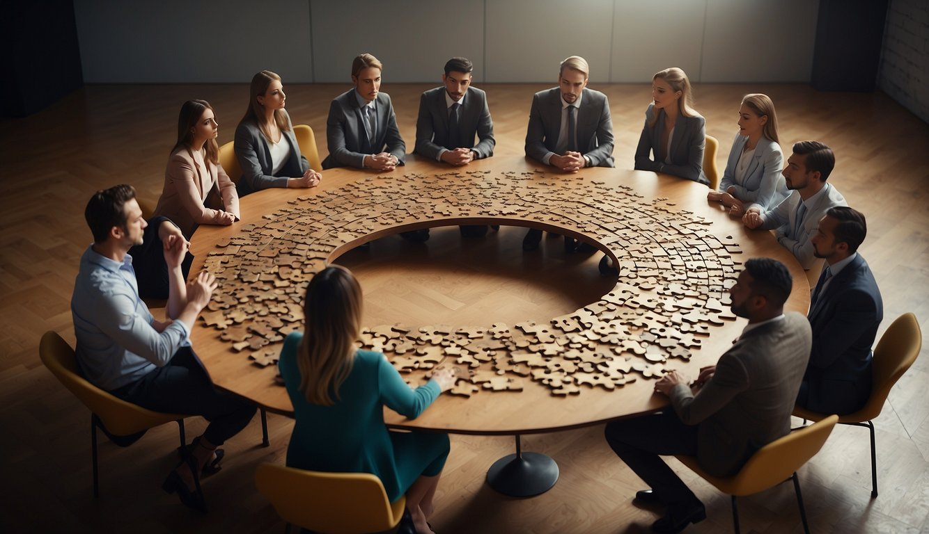 A group of disconnected individuals sit in a circle, each with their arms crossed and avoiding eye contact. A broken puzzle sits untouched in the center, symbolizing the lack of cohesion and collaboration within the team