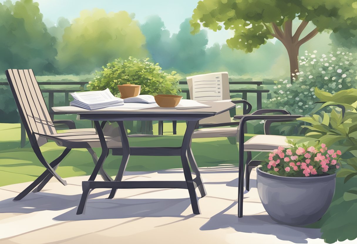 A serene garden with a cozy outdoor seating area, a stack of financial documents, and a calculator on a table. A peaceful and content atmosphere with a subtle hint of financial planning