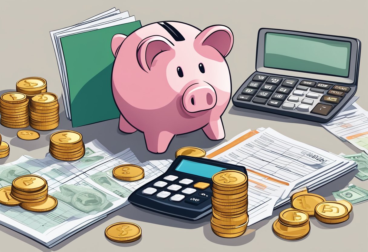 A piggy bank being filled with coins and bills, surrounded by financial documents and a calculator, symbolizing saving for retirement