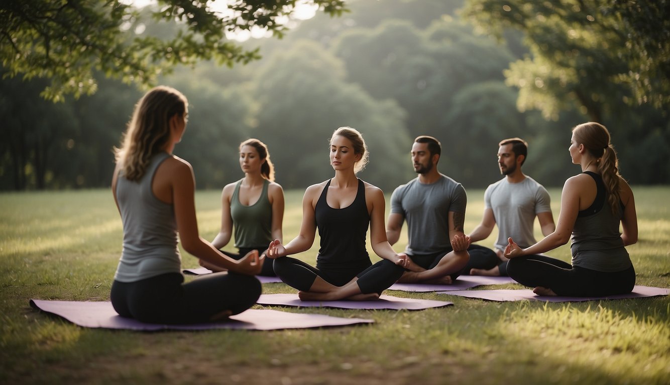 A group of people forming a circle, practicing yoga poses together in a serene, natural setting