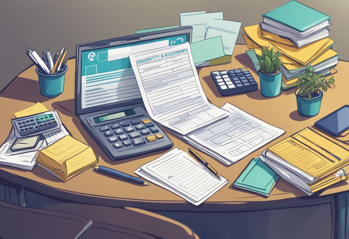 A stack of papers labeled "Frequently Asked Questions - Saving for Retirement" sits on a desk, surrounded by a laptop, calculator, and pen. A chart showing investment options hangs on the wall