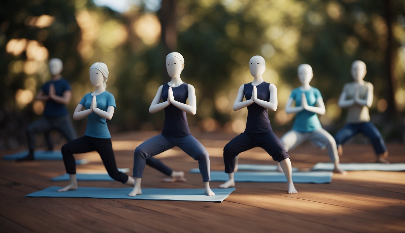 A group of virtual avatars engage in team building yoga, each performing various poses in unison, creating a sense of unity and connection despite being physically apart