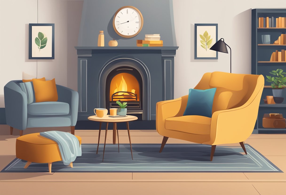 A cozy living room with a comfortable armchair, a warm fireplace, and a small table with a cup of tea and a book on retirement planning