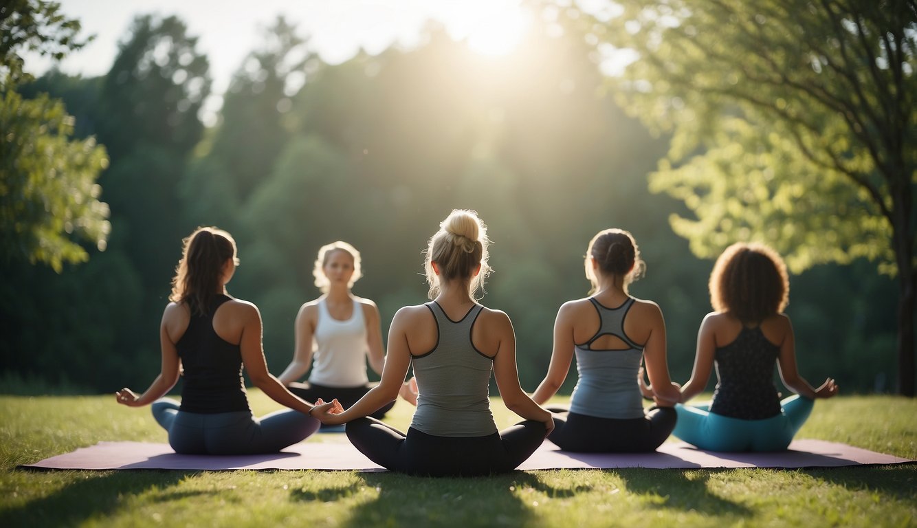 A group of people engage in team building yoga, forming a circle and practicing various poses together in a peaceful and harmonious environment