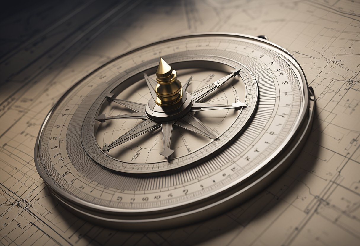 A compass draws arcs, a ruler measures sides, and a protractor measures angles on a geometric diagram