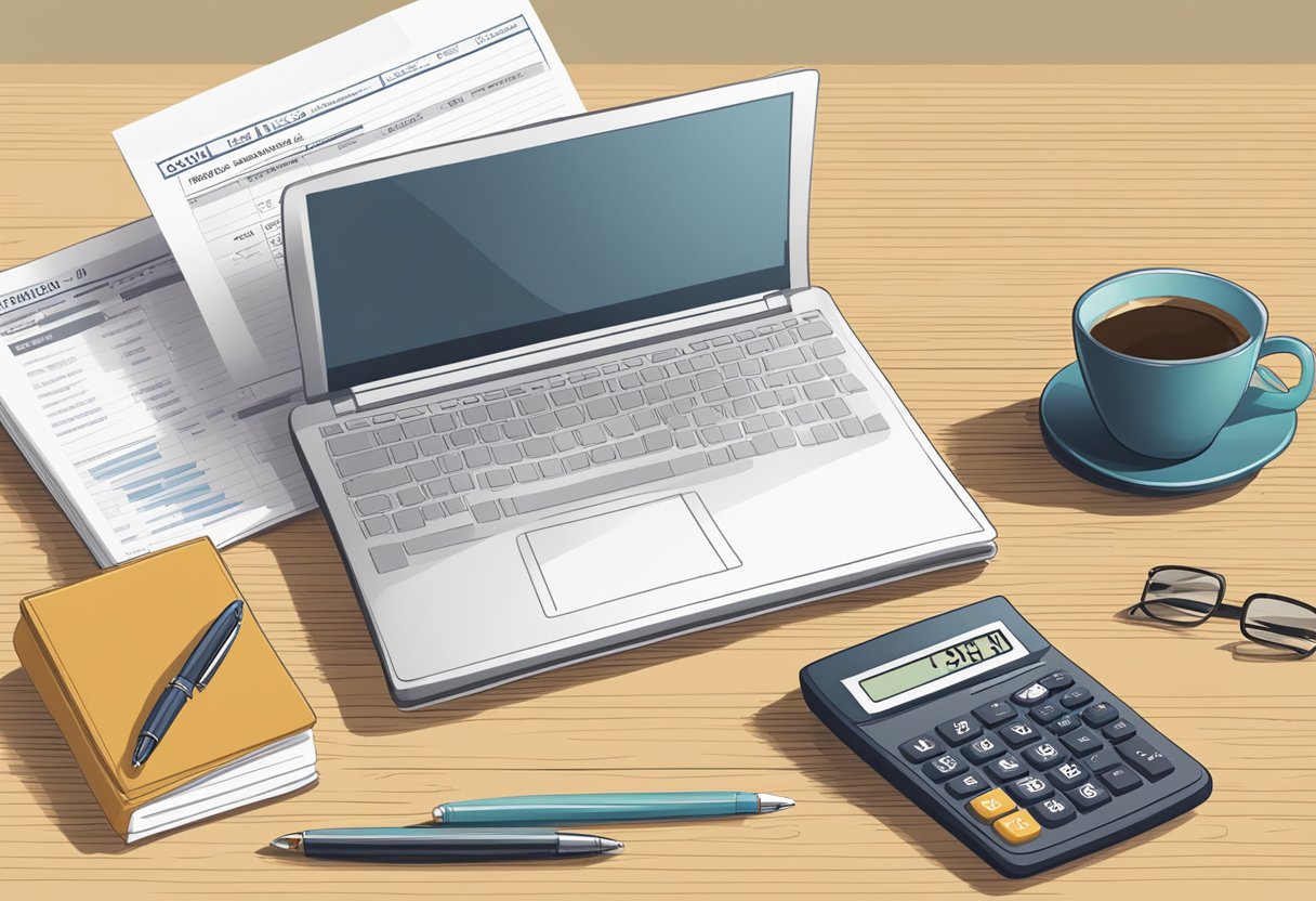 A table with a calculator, pen, and paper. A computer showing Social Security benefits website. A cup of coffee and a notebook with "retirement income" written on it