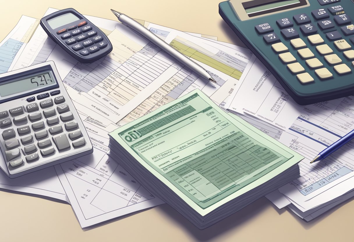 A table with retirement account statements, tax forms, and a calculator. A stack of bills and a budget spreadsheet are nearby