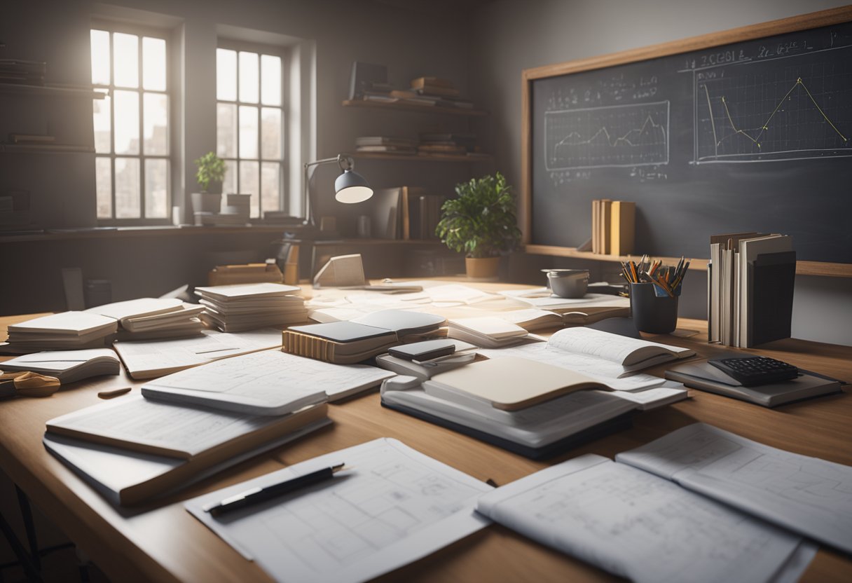 A cluttered desk with scattered textbooks and papers, a calculator, and a ruler. A chalkboard or whiteboard with complex equations and diagrams