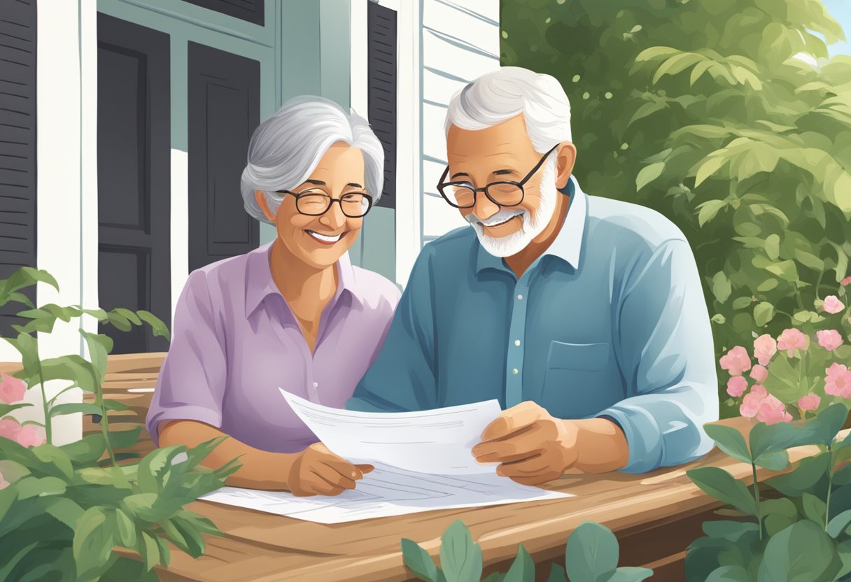 A serene, elderly couple sits on a porch, surrounded by greenery. They review documents, smiling as they calculate their monthly retirement income