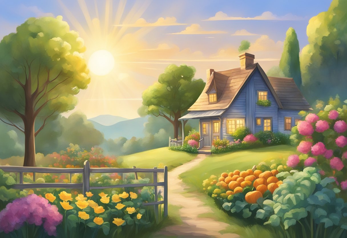 A serene landscape with a cozy cottage, a vegetable garden, and a small business sign. Sunshine and a sense of contentment fill the air