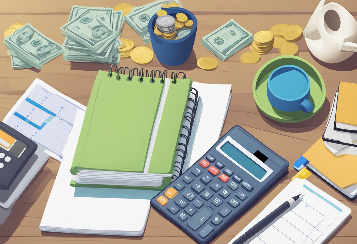 A stack of bills and coins on a table, with a calculator and notebook showing monthly expenses and income