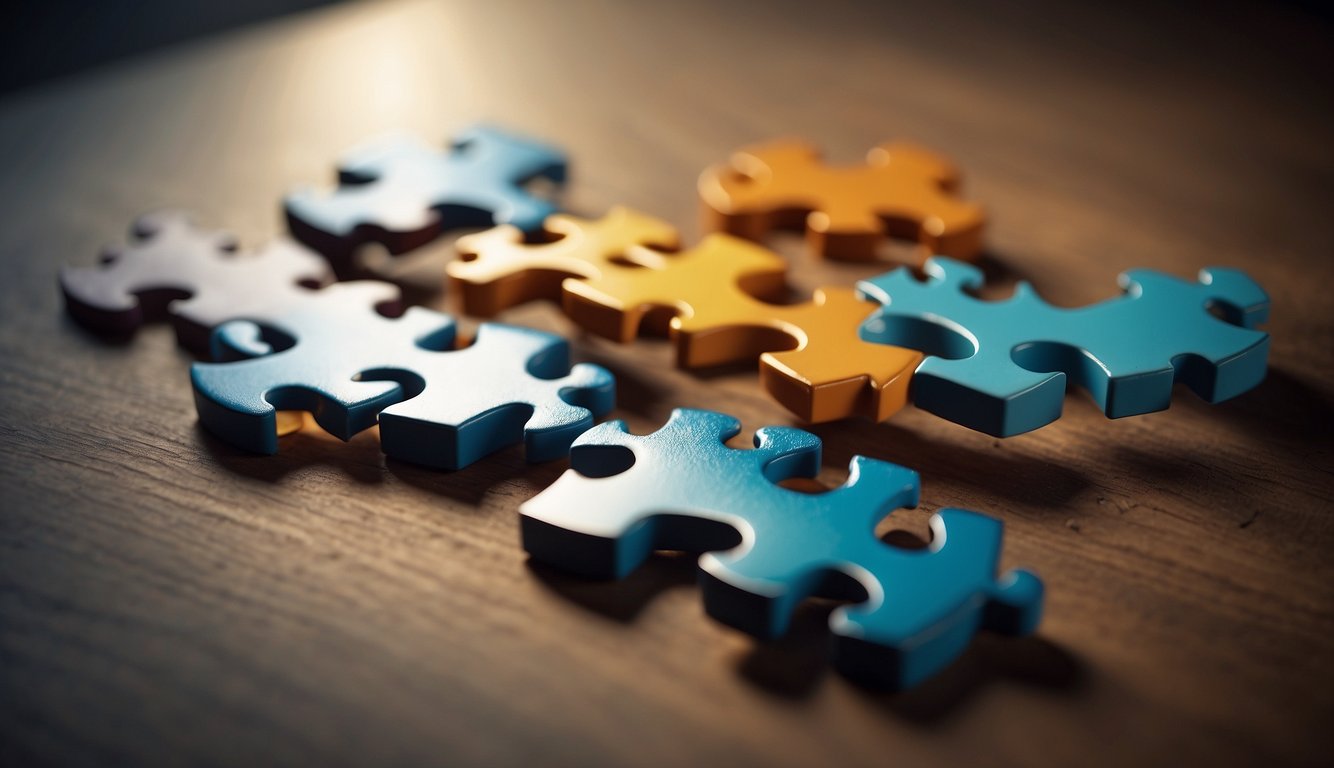 A group of seven interconnected puzzle pieces, each representing a different team building strategy, coming together to form a cohesive and dynamic structure