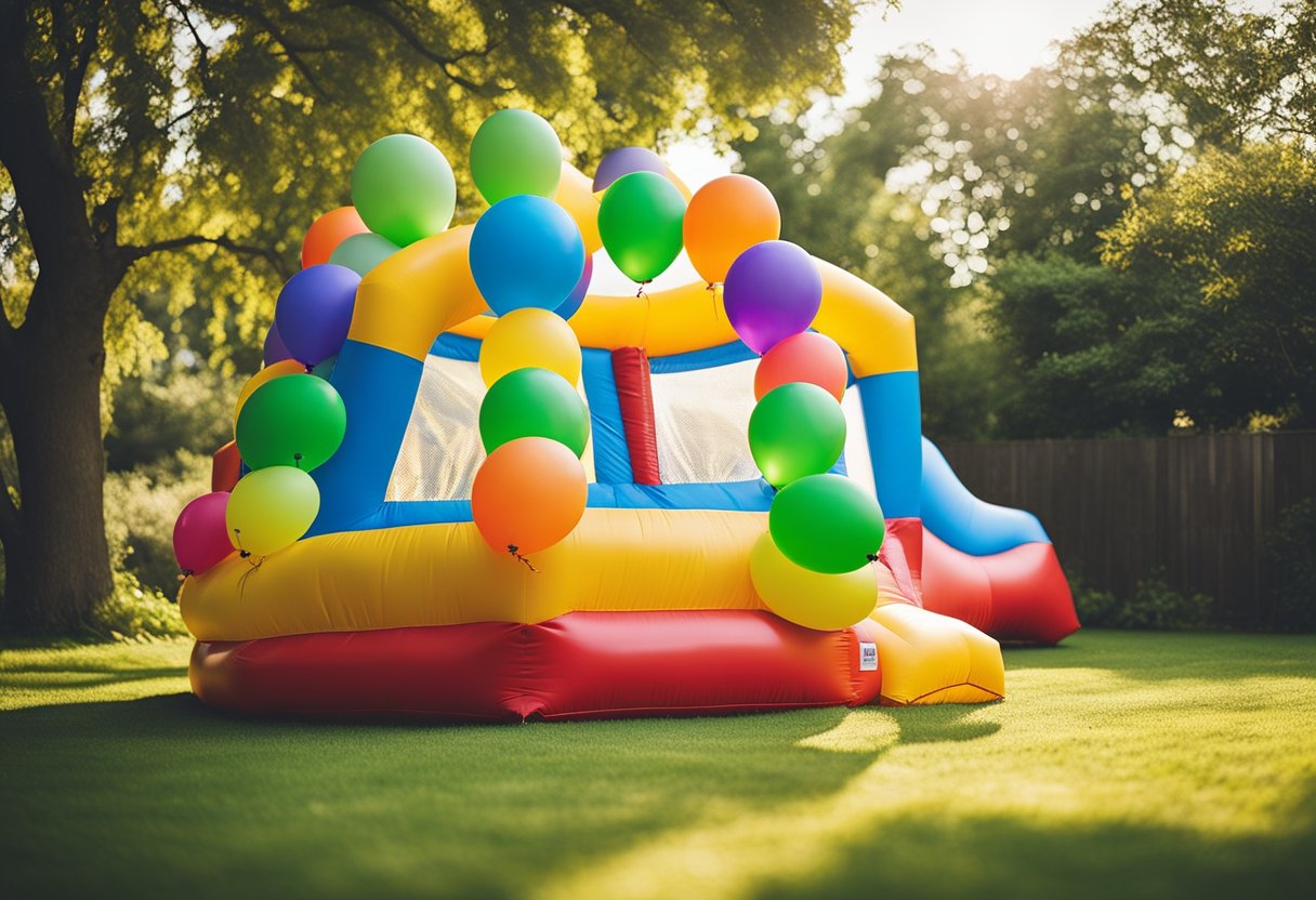 A bounce house sits in a sunny backyard, surrounded by green grass and colorful balloons. It is inflated and inviting, with its vibrant colors and playful design