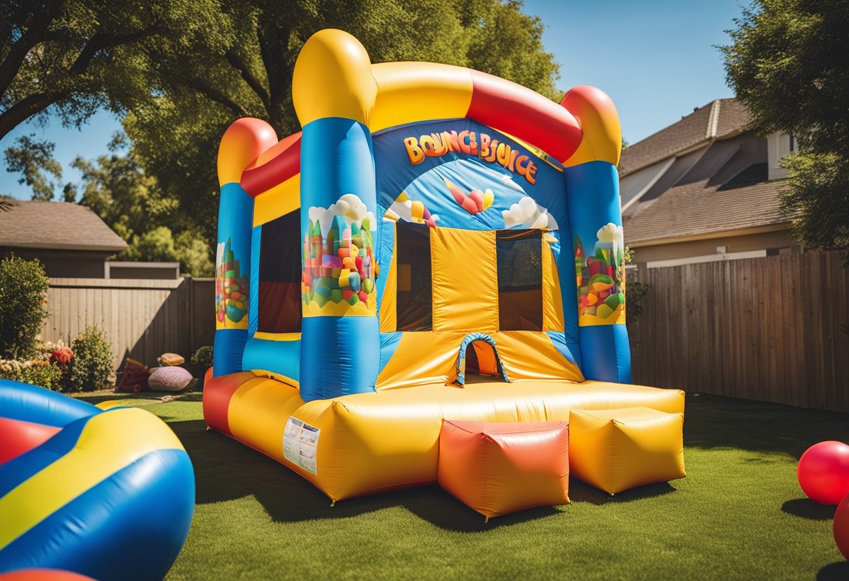 A bounce house sits in a sunny backyard, surrounded by children's toys. It is inflated and vibrant, with colorful patterns and a sturdy structure