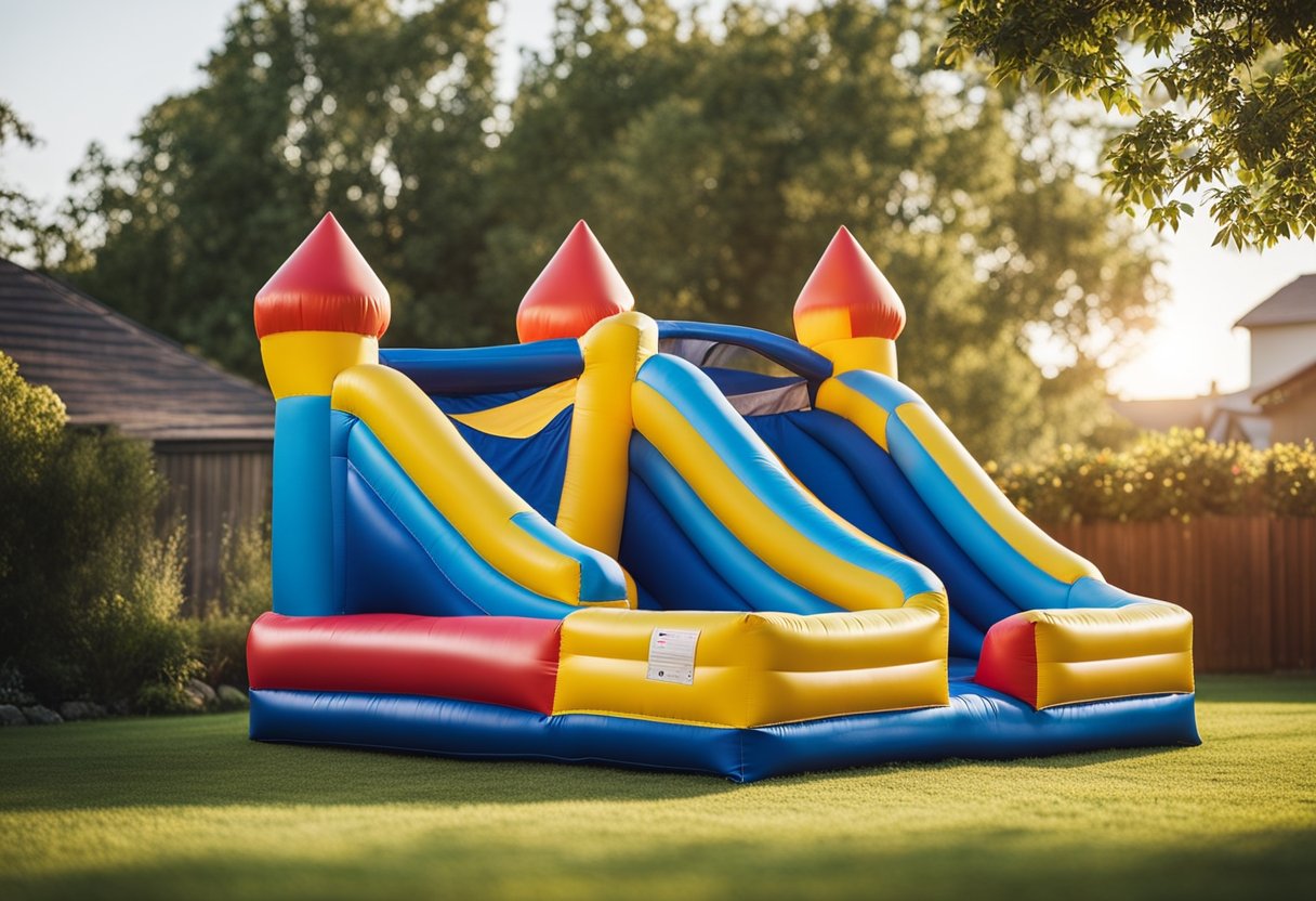 A bounce house stands in a backyard, surrounded by a soft surface. A warranty document and safety guidelines are displayed nearby