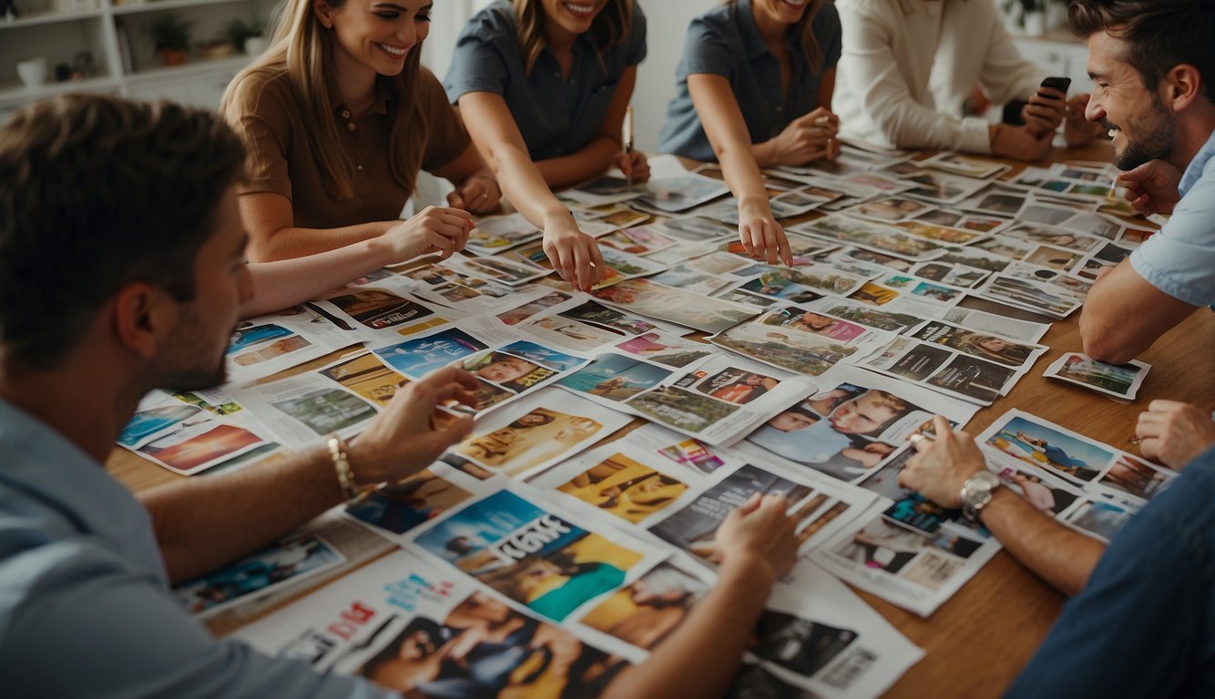 A group of coworkers gather around a table covered in magazines, scissors, and colorful markers. They are smiling and engaged in conversation as they cut out images and words to create their vision boards