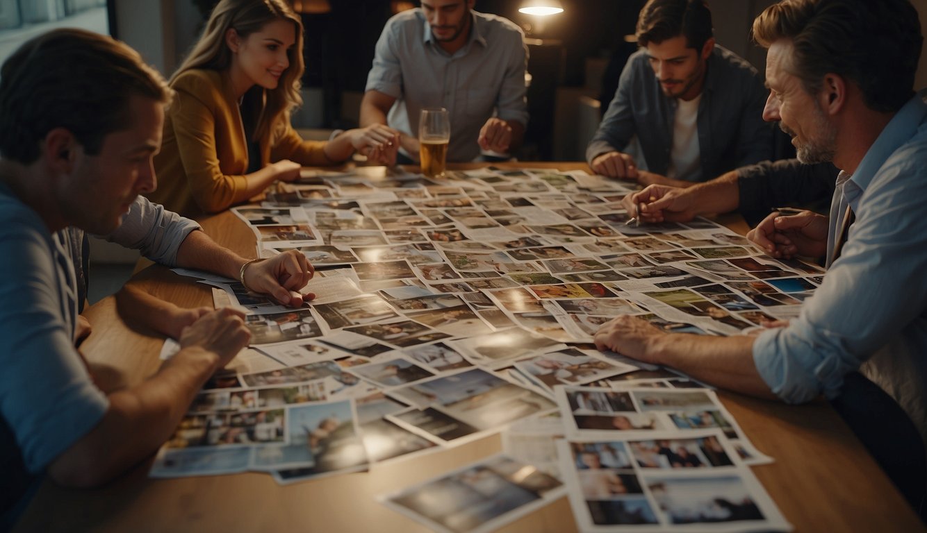 A group of people gather around a table, cutting out images and words from magazines. They arrange them on a large board, discussing their goals and aspirations