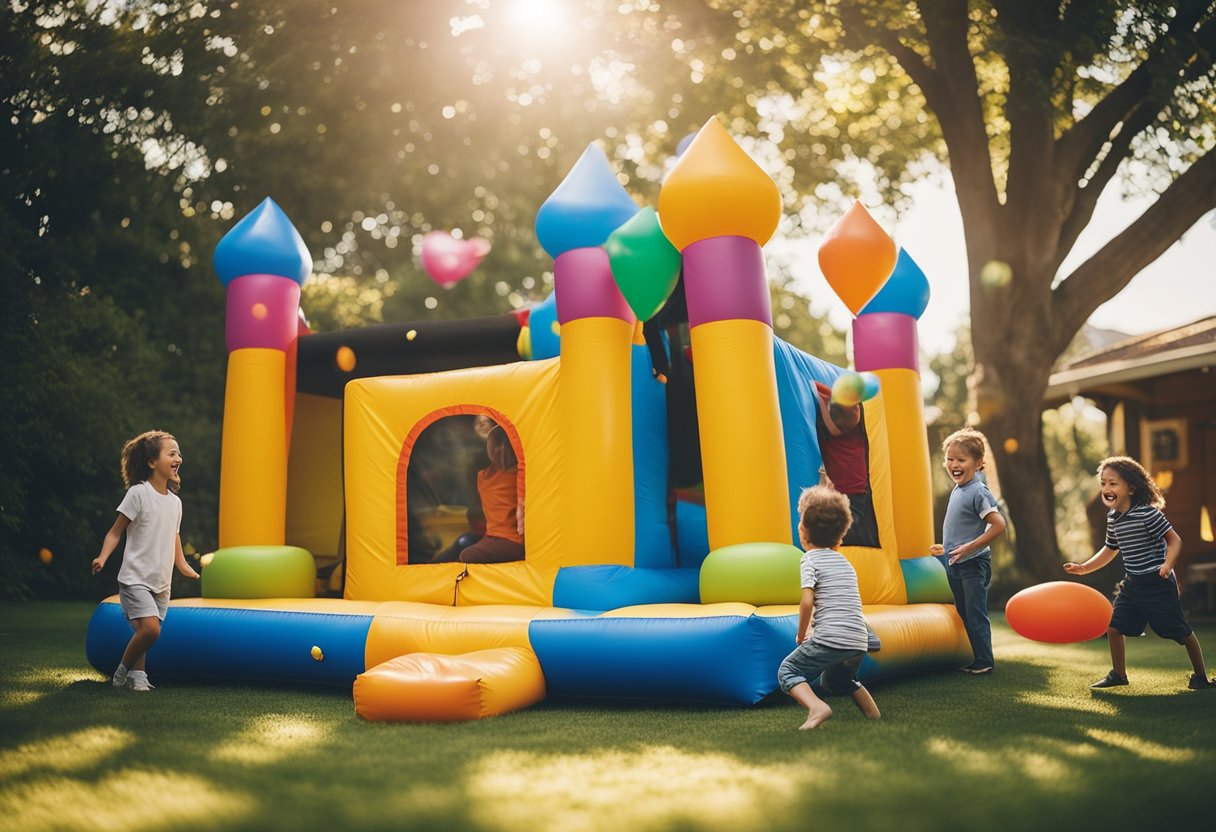 A colorful, inflated bounce house sits in a sunny backyard, surrounded by happy children playing and laughing