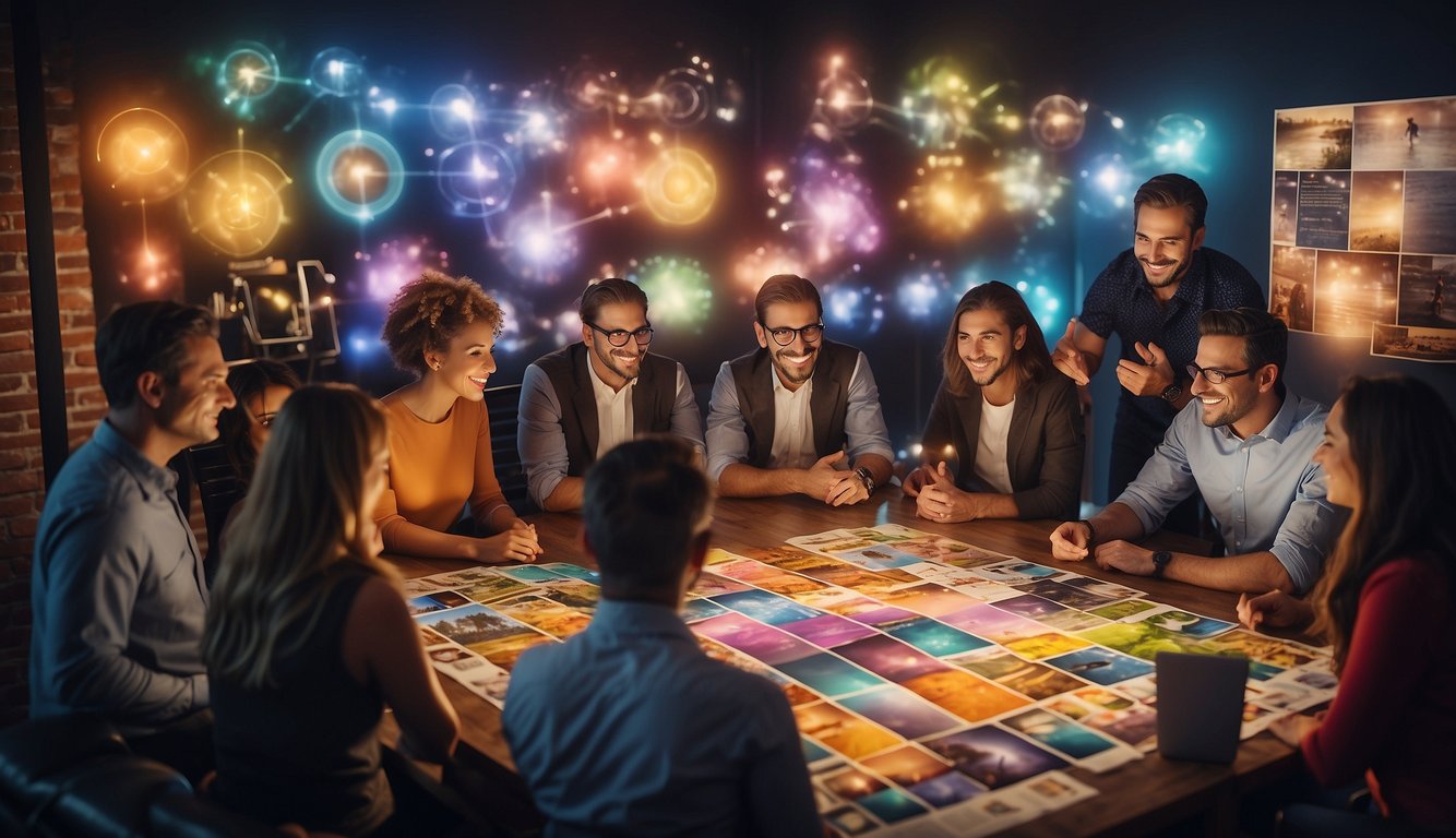 A group of people gather around a large vision board, adding colorful images and words while discussing frequently asked questions for team building