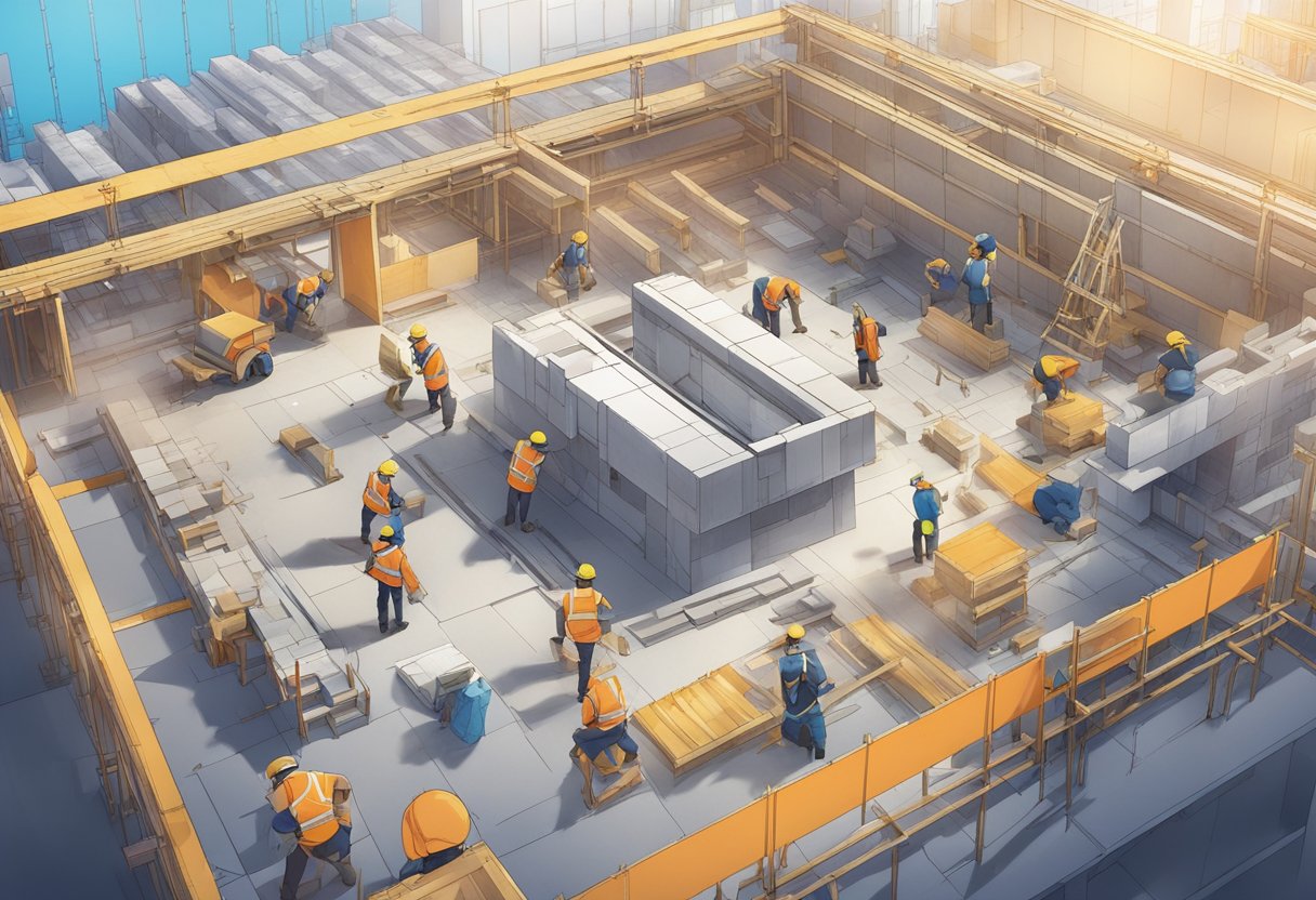 A construction site with workers using geometric tools to measure and cut materials. Blueprints and building plans are spread out on tables