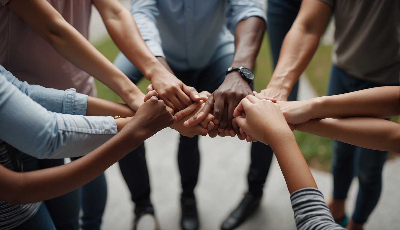 A group of individuals standing in a circle, holding hands and interlocking their arms to create a tangled knot. Safety equipment and clear communication evident