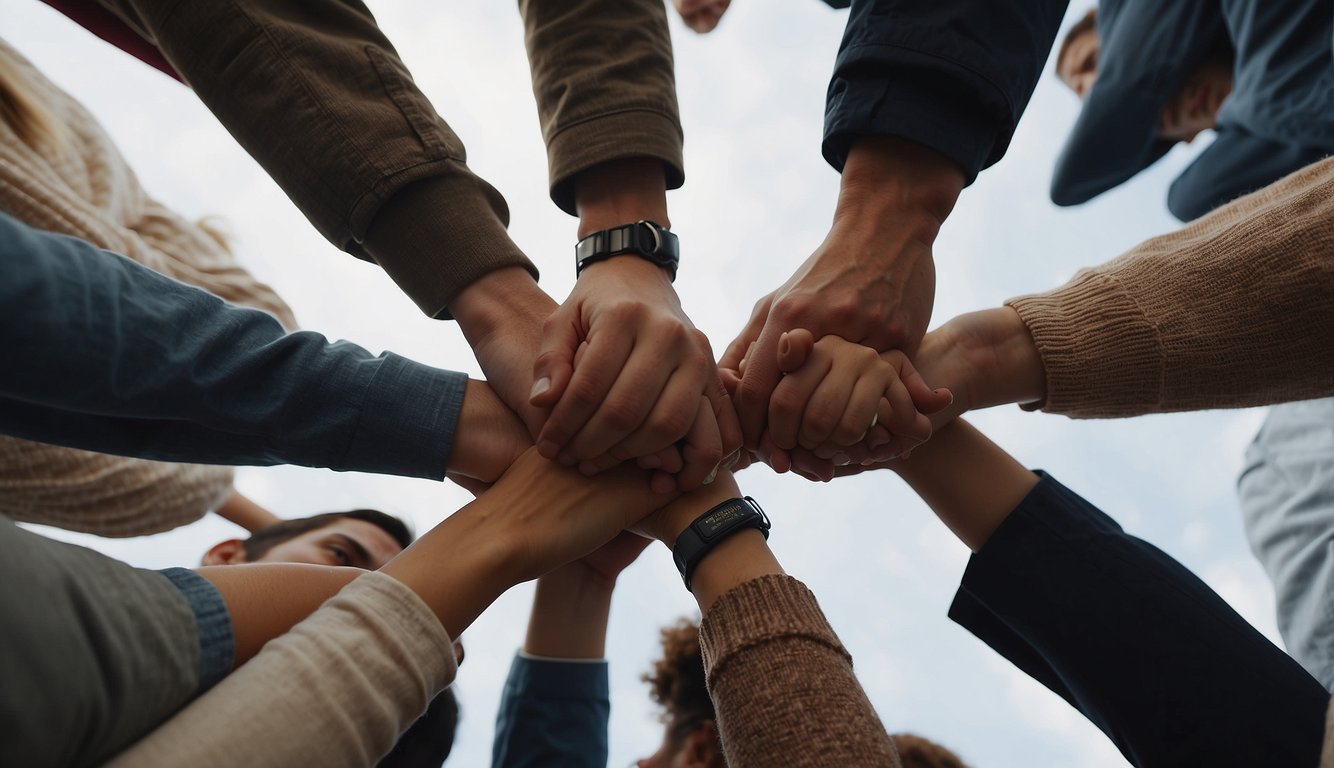 A group of people stand in a circle, their arms intertwined in a complex knot. They work together to untangle themselves, communicating and strategizing