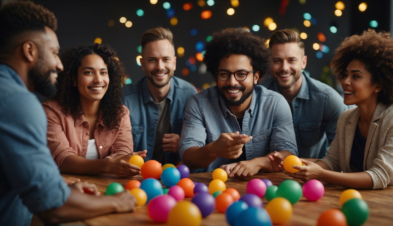 A group of diverse individuals engage in team building activities, surrounded by colorful props and equipment. A price tag hovers above, indicating the cost