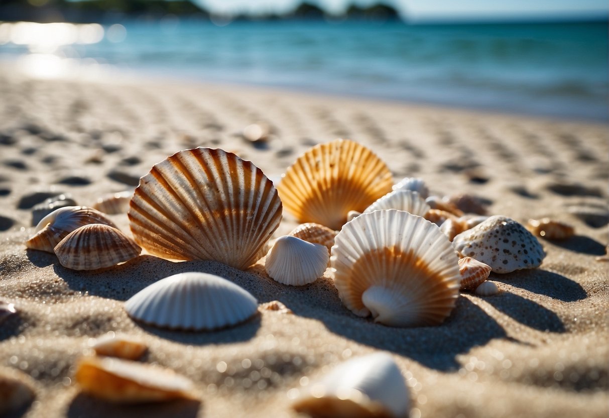 a sandy beach with clear blue waters scattered seashells
