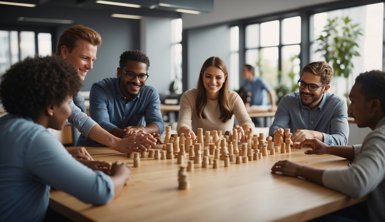 A group of diverse individuals engage in team building activities, such as trust falls and problem-solving exercises, in a spacious room with natural lighting