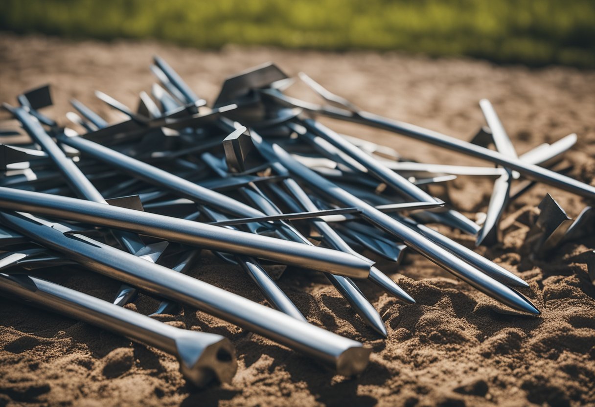 A pile of metal stakes next to a deflated bounce house, with a hammer lying nearby