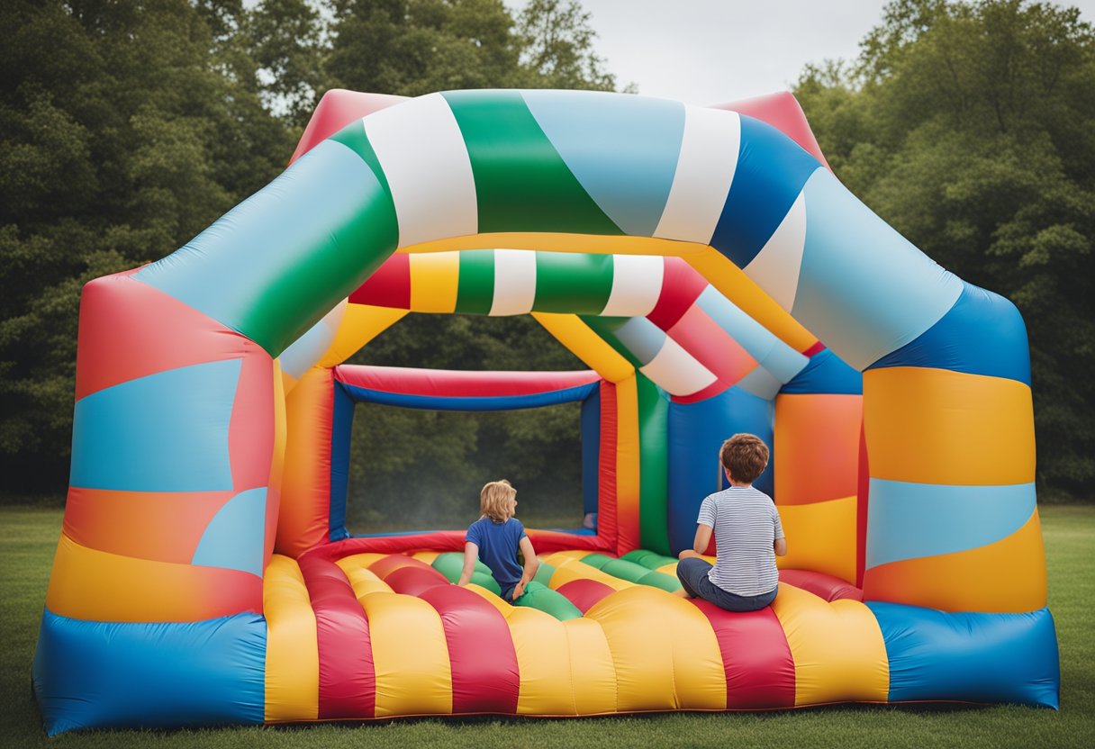 A person sets up a bounce house outdoors, checking the ground for stability and considering whether stakes are needed for secure setup
